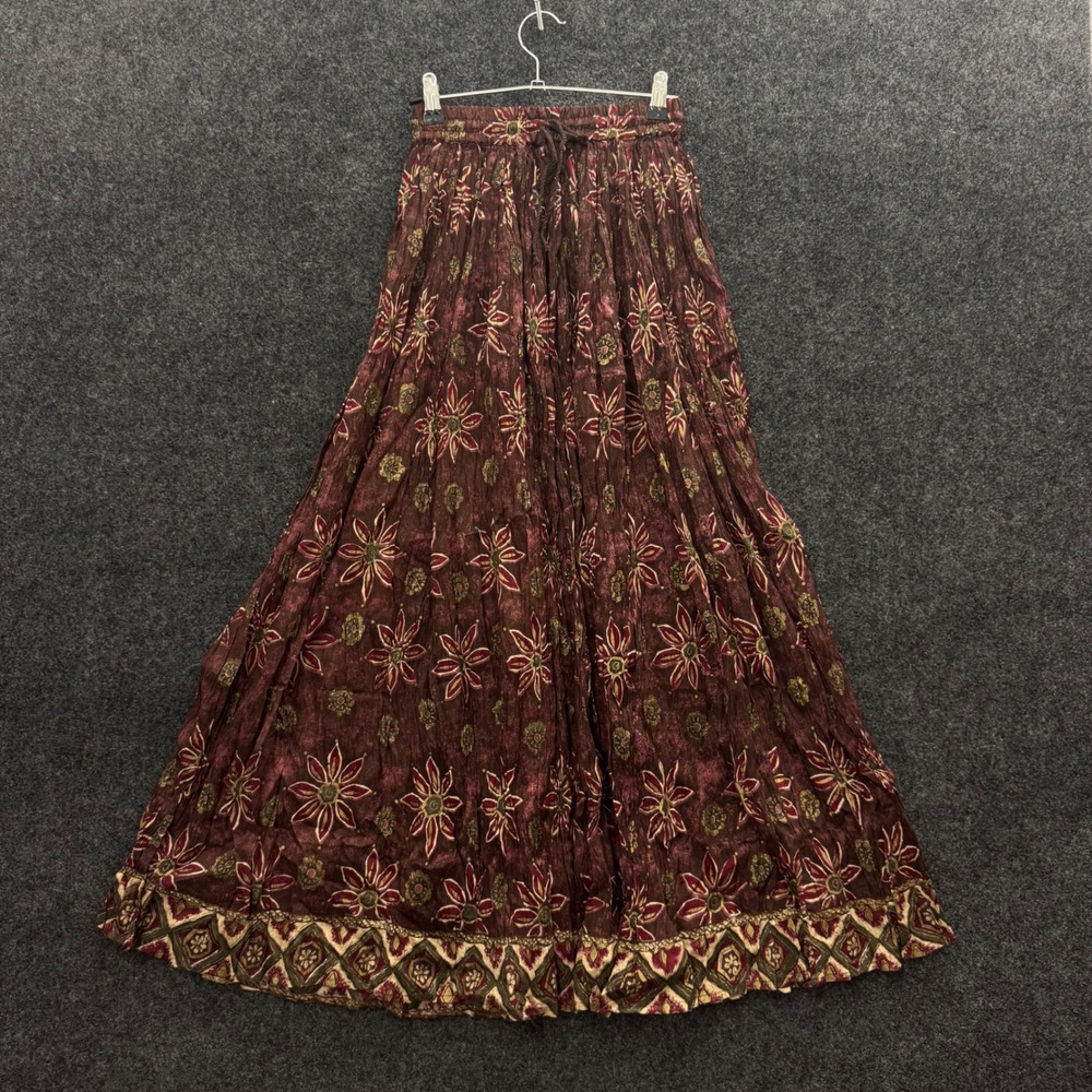 Christine Parker Burgundy Floral Cotton Broomstick Maxi Skirt 90s Boho Small